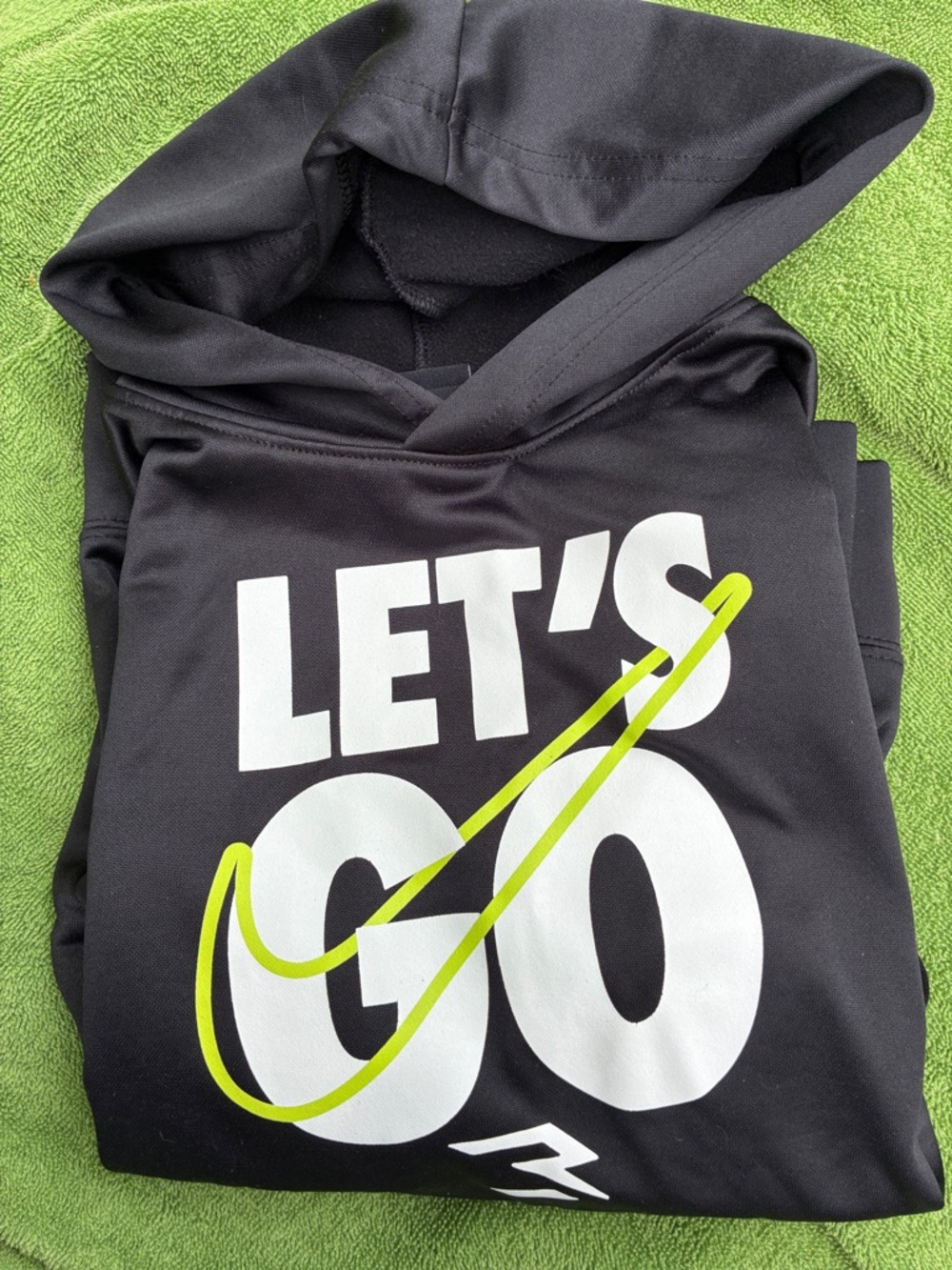 Nike Kids Black Hoodie with White "LET'S GO" and Neon Yellow Swoosh